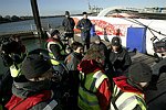 Ellen Macarthur and Trimaran B&Q � Asia Tour 2006 � Loading of B&Q onto the CMA-CGM container ship BIZET<br>Southampton (uk), the 9th of february 2006