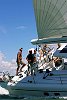 Owen/Clarke high performance 65 footer preforms sea trials in the Waitemata Harbour on a hot January day.<br>Auckland - New Zealand<br>Merfyn Owen at the helm