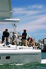 Owen/Clarke high performance 65 footer preforms sea trials in the Waitemata Harbour on a hot January day.<br>Auckland - New Zealand<br>Merfyn Owen at the helm